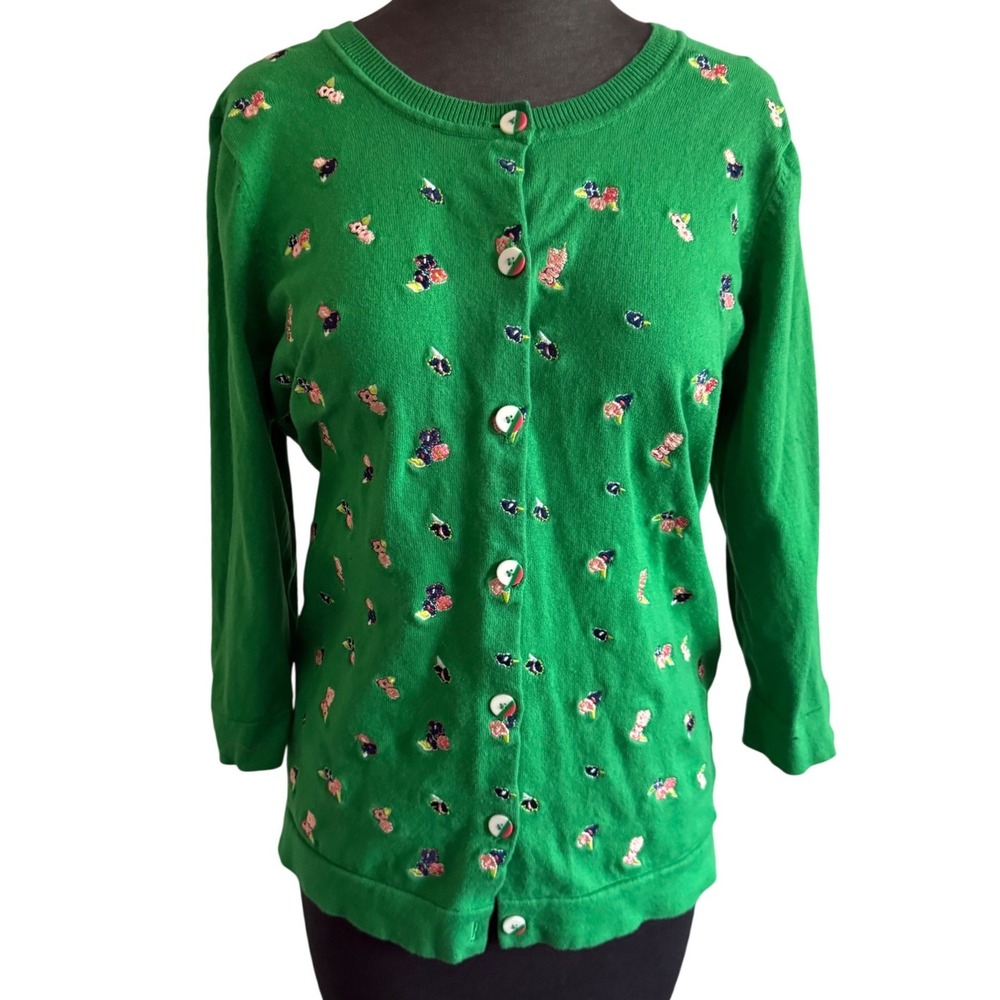 Liz Claiborne‎ New York Green Floral Embroidered Cardigan Sweater Womens Small